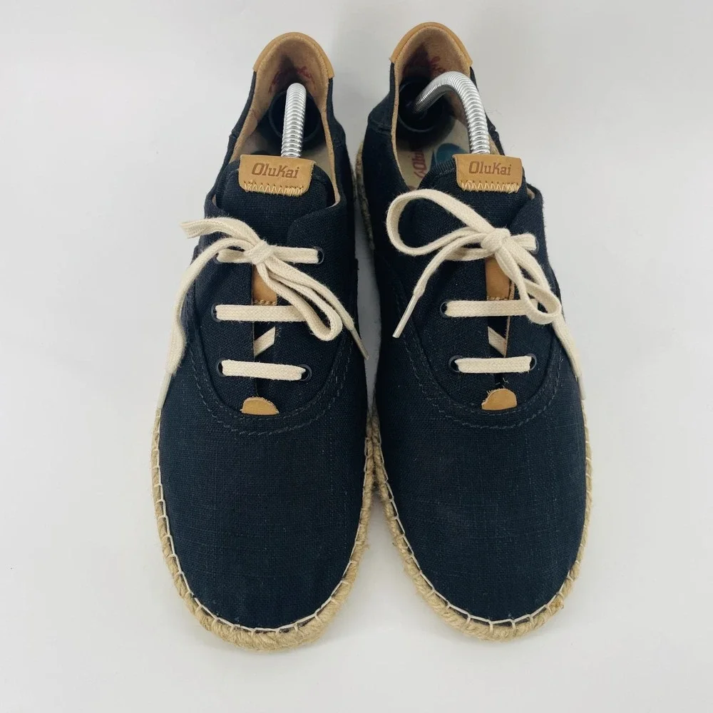 Olukai Kaula Pa'a Li Black Espadrille Sneakers Lace Up Shoes Women US 11 EU 41